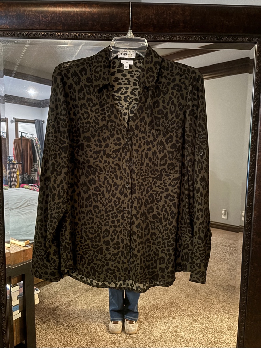 Express Olive Green & Black Leopard Print Button-Down Shirt